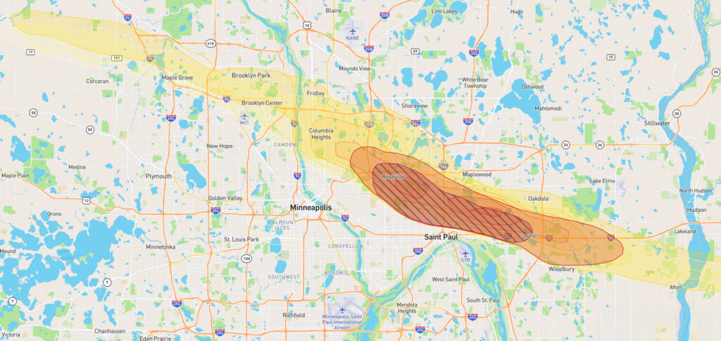 June 19, 2026 hail swath map for Roseville and St. Paul, MN